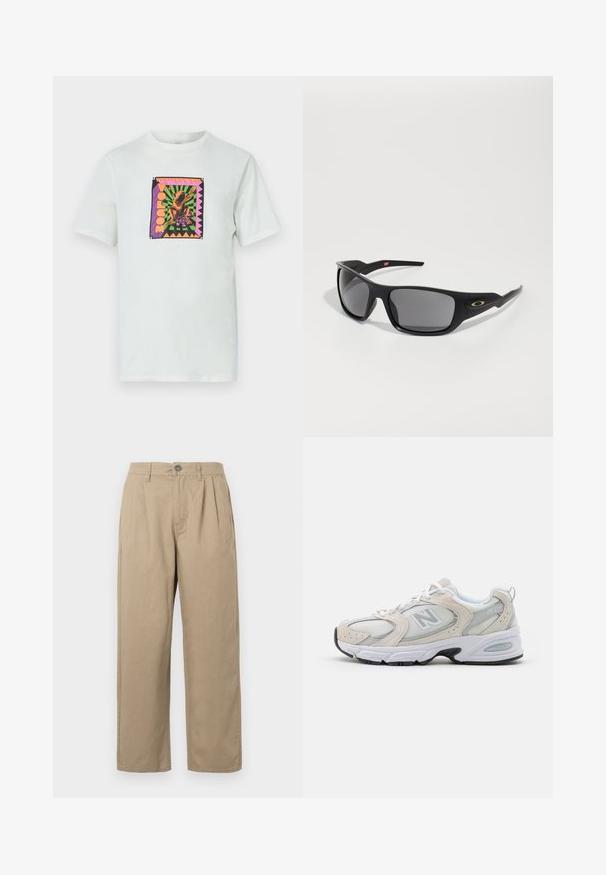 T-shirt branca de algodão com um gráfico quadrado e colorido com um design de rã e texto, situado contra um fundo geométrico com bordas acentuadas.; Calças bege de cintura alta com pregas, passadores de cinto, fecho de botão e pernas retas em fundo branco.; Sapatilha desportiva com cabedal em malha cinza claro e pormenores em camurça, atacadores brancos e sola de borracha preta. Detalhe notável de amortecimento ABZORB.; Óculos de sol pretos com forma retangular, feitos de plástico durável, com lentes cinzas e um detalhe dourado na lateral.