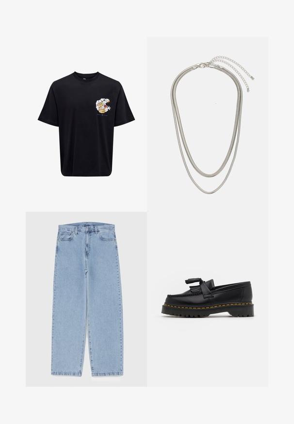 Camiseta de algodón negra de manga corta; presenta un gráfico colorido de un personaje con un recipiente humeante, impreso en el lado izquierdo.; Jean de mezclilla azul claro con diseño de pierna recta, con una cintura de altura media, cinco bolsillos y un cierre de botón y cremallera.; Mocasín de cuero negro con un acento de borlas, que presenta una suela gruesa negra y costuras amarillas a lo largo del borde. Acabado texturizado.; Collar de metal plateado de tres capas que presenta cadenas flexibles y elegantes con un ligero brillo, asegurado con un cierre de langosta y cadena ajustable.