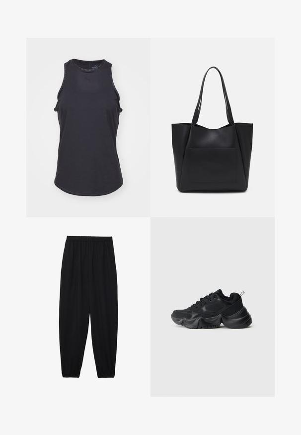 Fekete, ujjatlan sporttank, könnyű anyagból készült, kerek nyakkivágással és ívelt aljjal, finom márkás logó részletekkel.; Fekete, könnyű nadrág elasztikus derékkal és ráncolt bokákkal. Az anyag sima és laza, szűkített dizájnnal rendelkezik.; Fekete sportcipők sima és textúrált anyagok keverékével, vastag talppal, kerek formával és díszítő varrással. Puha, plüss szegéllyel rendelkezik.; Fekete vászontáska sima szintetikus anyagból, két hosszú fogantyúval és elülső zsebbel. Nyitott tetejű, szögletes kialakítással.
