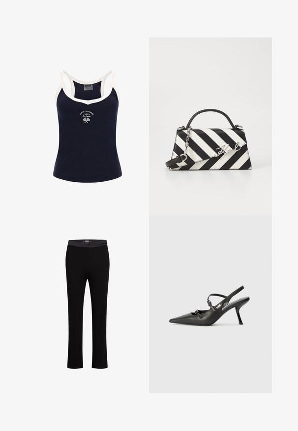 Guess Top - dunkelblau; Black trousers featuring a smooth fabric, straight leg design, and an elastic waistband. Includes vertical seam detailing.; Black leather slingback heels with a pointed toe, slender heel, and decorative buckle detail on the vamp. Smooth texture and sleek design.; Black and white striped handbag with a structured shape, featuring a top handle, a detachable chain strap, and metallic logo accent.