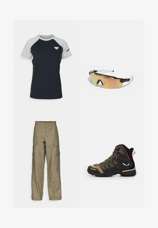 Dynafit ALPINE PRO TEE - Športové tričko - nimbus melange; Cargo nohavice v olivovozelenej látke, s voľným strihom, viacerými bočnými vreckami a zapínaním na gombík v páse. Hladká štruktúra.; Stredne vysoká turistická obuv v čiernej a olivovo zelenej farbe, s priehľadnou sieťovinou, gumovou podrážkou a textúrovanými akcentmi, vybavená zadným úchopovým pútkom.; Slnečné okuliare s čierno-bielym rámom, veľké zrkadlové šošovky v zlatých a ružových odtieňoch, aerodynamický dizajn a predĺžený vonkajší okraj.