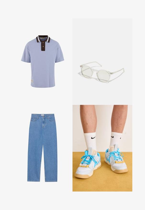 Heleheles helesinine polo särk pruunide soonikute kraega, millel on valged triibud, kaks pruuni nuppu ja väike logo eelõmbluses.; Heledad sinise denimihõlmad, otsekohene lõige, viie tasku disain, üksik nupuvääristus ja peened õmblusdetailid õmblustes.; Heledad sinised spordijalatsid, millel on pruuni värvi tallad, silmapaistvad türksiisid nöörid ja kollased aktsendid. Tekstureeritud materjalid ja nähtav õhukaitse.; Ümmargused prillid läbipaistva raami, helesiniste läätsede ja õhukeste, selgete tempidega. Raamil on peened metallilised aktsendid.