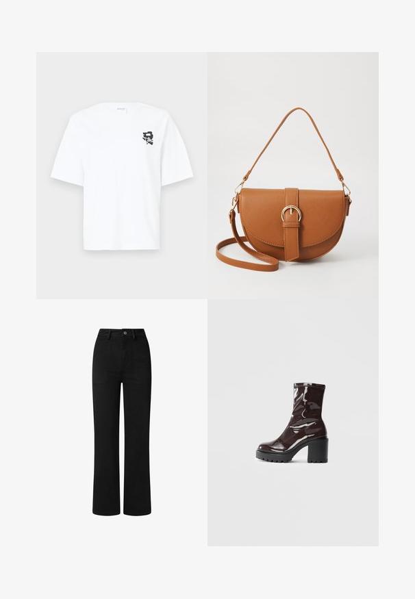 Witte t-shirt met korte mouwen van katoen, met een zwart grafisch ontwerp op de linkerborst, ronde halslijn en een ontspannen pasvorm.; Zwarte, hooggeplaatste broeken met een recht model, gemaakt van zachte katoenen stof. Voorzien van zijzakken en een eenvoudige metalen knoopsluiting.; Glanzende bordeauxrode enkelboot met een chunky zwarte hak, met een gladde textuur en een eenvoudig ontwerp. Geen zichtbare sluitingen of patronen.; Bruine leren schoudertas met een gebogen vorm, gouden hardware en een gespaccent. Bevat een afneembare schouderriem.