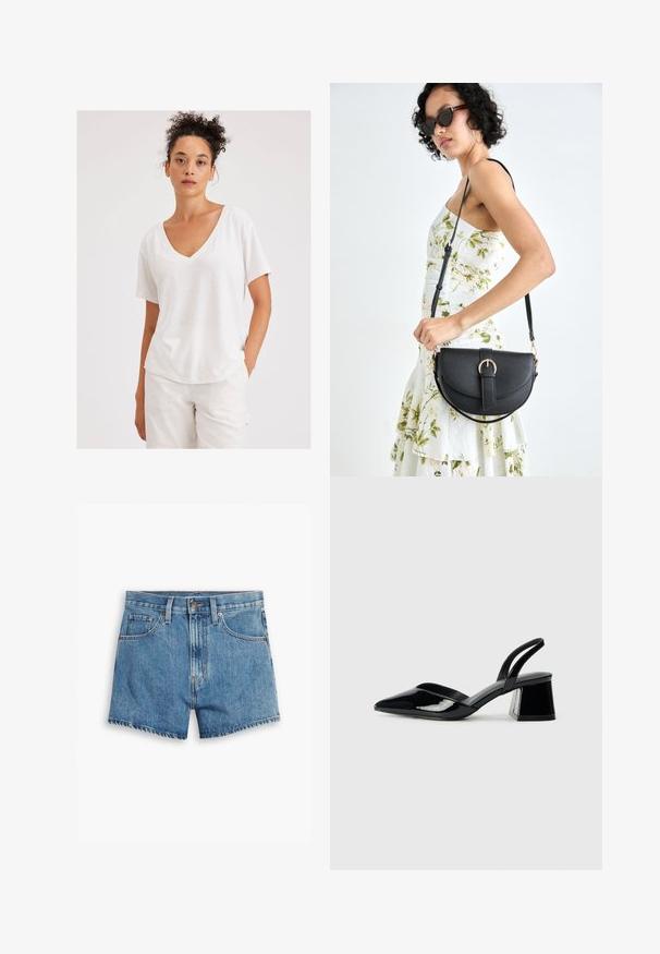 Biela bavlnená tričko s výstrihom do V, krátkymi rukávmi a voľným strihom. Textúrovaná tkanina s jemným melírovaným vzorom.; Džínové šortky v svetlo modrej farbe, s piatimi vreckami, zipsom a zapínaním na gombík. Spodný lem je rozstrapkaný s voľným strihom.; Čierne lakované kožené sandálové podpätky s špicatou špičkou a geometrickým blokovým podpätkom. Disponujú elegantným, minimalistickým dizajnom a hladkým povrchom.; Čierna kožená kabelka s zaobleným tvarom, odnímateľným popruhom a zlatými doplnkami. Kabelka má klopu s detailom s prackou.