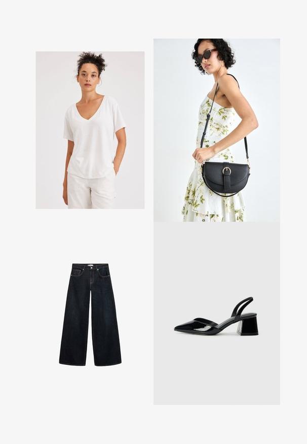 Biela bavlnená tričko s výstrihom do V, krátkymi rukávmi a voľným strihom. Textúrovaná tkanina s jemným melírovaným vzorom.; Široké tmavé denimové džínsy s vysokým pásom, s kontrastným prešívaním, prednými vreckami a minimalistickým dizajnom.; Čierne lakované kožené sandálové podpätky s špicatou špičkou a geometrickým blokovým podpätkom. Disponujú elegantným, minimalistickým dizajnom a hladkým povrchom.; Čierna kožená kabelka s zaobleným tvarom, odnímateľným popruhom a zlatými doplnkami. Kabelka má klopu s detailom s prackou.