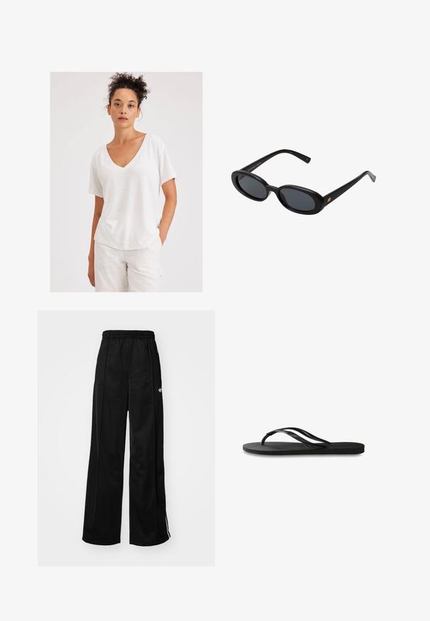 T-shirt bianco in cotone con scollatura a V, maniche corte e vestibilità rilassata. Tessuto testurizzato con un delicato motivo melangiato.; Pantaloni da tuta neri a gamba larga con vita elasticizzata, caratterizzati da strisce laterali bianche e un piccolo logo sull'anca sinistra. Tessuto liscio.; Infradito neri con suola in gomma testurizzata, due cinghie sottili e un sottile dettaglio del logo impresso sulla cinghia.; Occhiali da sole neri oversize con lenti ovali, montatura in plastica liscia e accenti dorati sulle tempie. Le lenti scure offrono protezione dal sole.; Borsa Python-print in beige e nero, caratterizzata da una forma strutturata, dettaglio con fibbia e doppi manici. Superficie texture.