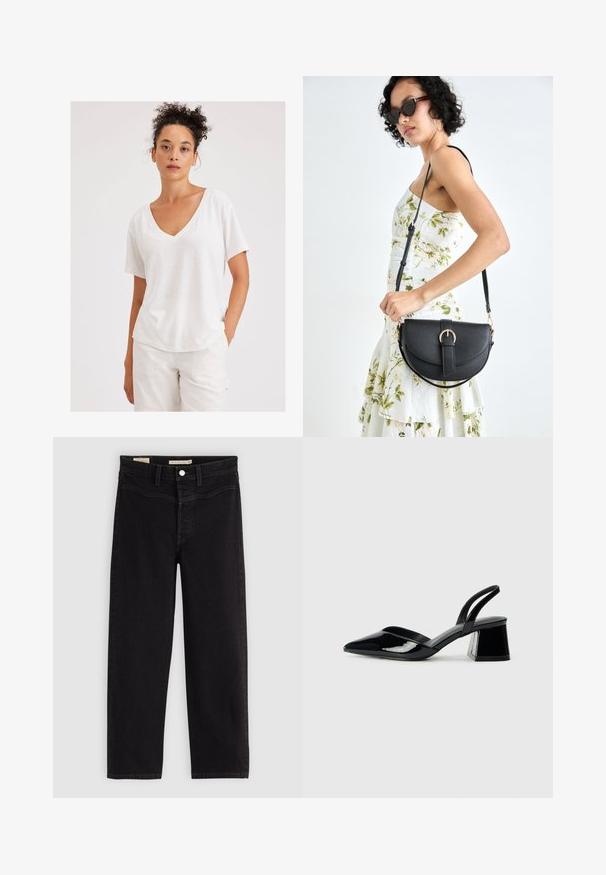 Camiseta de algodón blanca con escote en V, mangas cortas y corte relajado. Tejido texturizado con un sutil patrón jaspeado.; Jeans negros de corte recto, fabricados en denim. Presentan bolsillos frontales, un cierre de botón y costuras en contraste.; Zapatos de tacón slingback de charol negro con punta afilada y tacón geométrico en bloque. Presentan un diseño elegante y minimalista, así como una textura suave.; Bolso de piel negra con forma curva, correa desmontable y herrajes dorados. El bolso cuenta con una solapa con un detalle de hebilla.