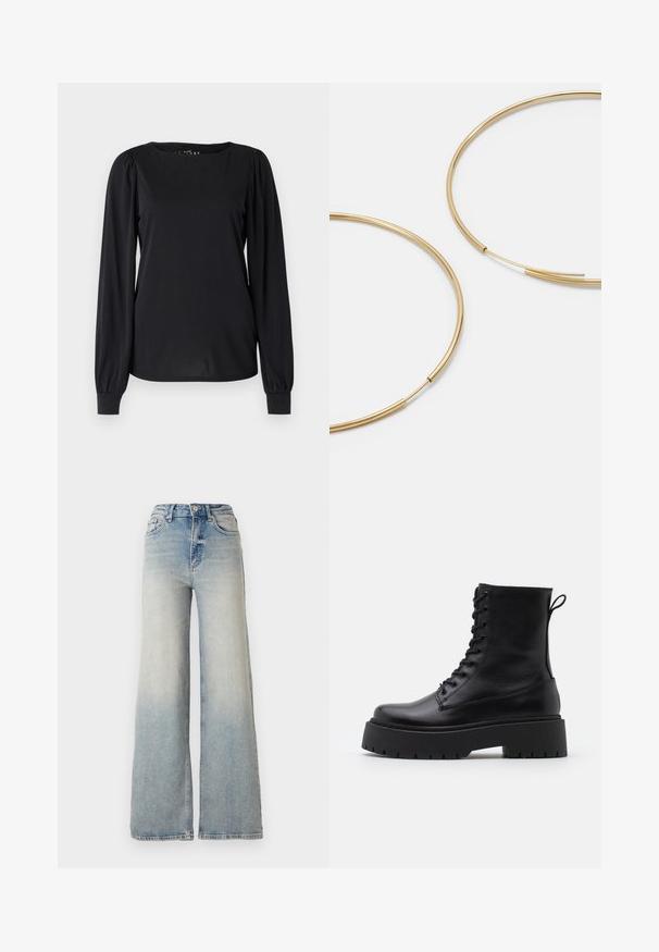 Svart långärmad topp i ett slätt tyg, med rund halsringning och veckade detaljer vid axlarna och ärmsluten.; Ljusblå vida jeans gjorda av denim, med hög midja, fem fickor och synlig sömnad längs sömmarna.; Svarta läderankelboots med rund tå, snörning framtill och en tjock gummisula med strukturerat mönster. Dragflik bak.; Guldiga hoopsörhängen, tunna och runda i formen, med en slät metallisk finish utan utsmyckningar eller mönster.