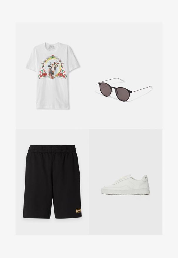 White cotton t-shirt featuring a central graphic of a cow framed by roses and Italian flags, with decorative text in a circular layout.; Black athletic shorts made of soft fabric,Featuring an elastic waistband and a small yellow EA7 logo on the lower left leg.; White leather sneaker with a smooth finish, round toe, flat laces, and a textured sole. Features a subtle logo on the heel.; Black round sunglasses with dark lenses and slim metal arms. Includes clear temple tips and silver accents at the hinge. Minimalist design.