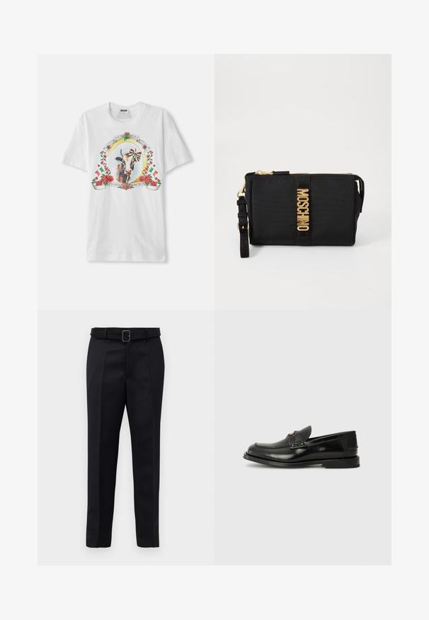 Witte katoenen t-shirt met een centraal grafisch ontwerp van een koe omringd door rozen en Italiaanse vlaggen, met decoratieve tekst in een cirkelvormige opmaak.; Zwarte op maat gemaakte broek van gladde stof met een rechte snit en een ceintuur met een rechthoekige gesp. Opvallende voorvouwen accentueren het ontwerp.; Zwarte leren instapper met een ronde neus, decoratieve stiksels en een kleine voorklep. Platte rubberen zool met een minimale hak.; Zwarte nylon clutch met gouden accenten, voorzien van een centrale logo-band. Inclusief een afneembare schouderband en een rits voor veilige gebruik.