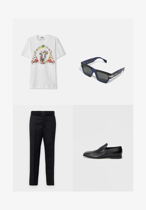 Valge puuvillane T-särk, mille keskosas on graafika lehma ja roosidega, ümbritsetud Itaalia lippudega, ning dekoratiivne tekst ringikujulises paigutuses.; Mustad mustad püksid on valmistatud siledast kangast, sirgelt lõigatud ja beldiga vöökoht, millel on ristkülikukujuline pandla. Märkimisväärsed esisellukid täiustavad disaini.; Must musta libisemisega king, millel on terav varvas, sile tekstuur ja tagasihoidlik bränding küljel. Madal konts puhta ja minimalistliku disainiga.; Versace Päikeseprillid - havana blue/dark grey