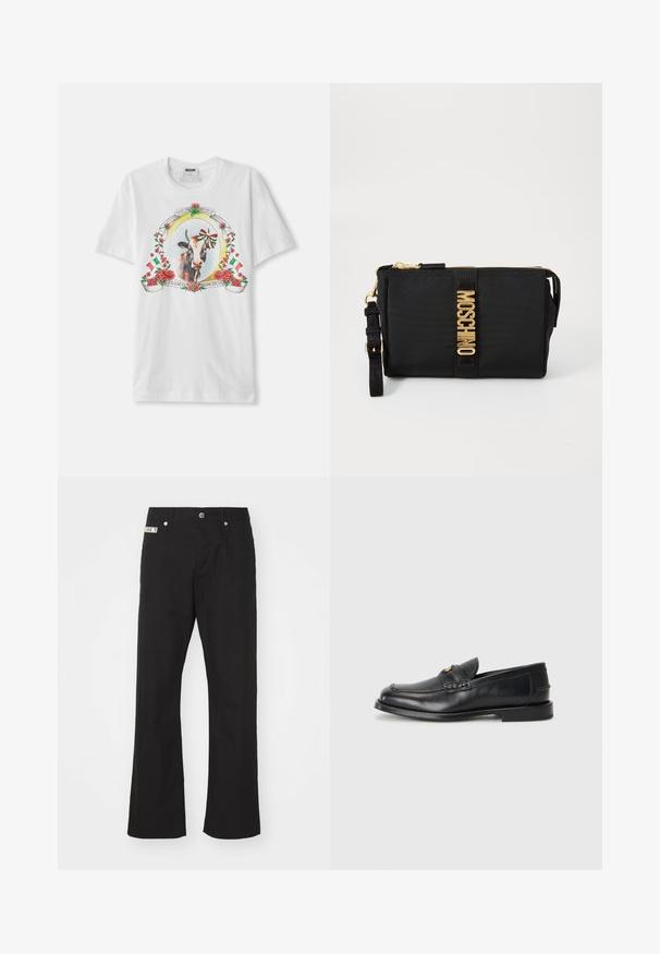 Camiseta blanca de algodón con un gráfico central de una vaca enmarcada por rosas y banderas italianas, con texto decorativo en un diseño circular.; Pantalones de algodón negros con un diseño de pierna recta, que presentan un cierre frontal con botón, dos bolsillos laterales y una pequeña etiqueta de la marca en la cintura.; Mocasines de cuero negro con punta redonda, detalles de costura y un pequeño acento dorado en la parte frontal. La suela es plana y discreta.; Clutch de nylon negro con herrajes dorados, que presenta una franja central con el logo. Incluye una correa detachable y cierre con cremallera para un uso seguro.