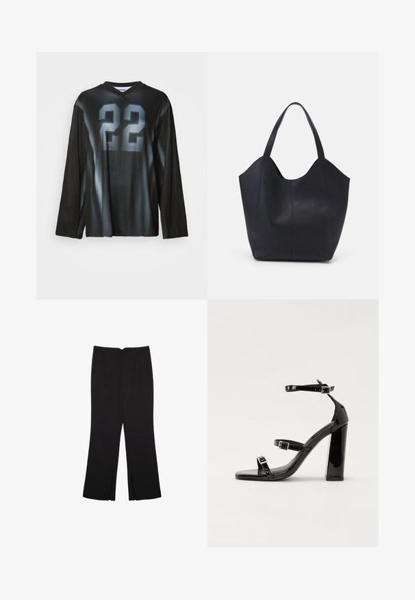 Crni dugi rukav dres s V-izrezom, ima veliki sivi broj "22" na prednjoj strani, s gradijentnim nijansama i glatkim, rastezljivim materijalom.; Crne hlače ravnog kroja, s prednjim džepovima i bočnim prorezima na rubu. Izrađene od mekog i glatkog materijala. Pogodne za razne prigode.; Crne lakirane sandale na pete sa kvadratnim nosom, trakama oko gležnja i srebrnim kopčama. Imaju čvrst blok petu za stabilnost.; Crna torba od glatke kože, s zakrivljenim otvorenim vrhom, dva remena za rame i minimalističkim dizajnom.