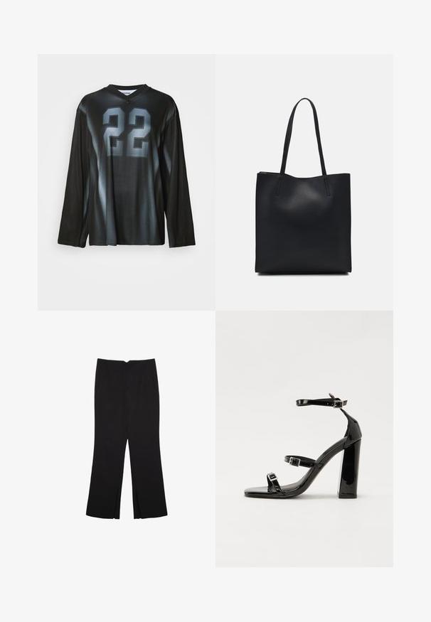 Mustassa pitkähihaisessa paidassa on V-pääntie, jossa on suuri harmaa numero "22" edessä, gradienttivarjostus ja sileä, joustava kangas.; Mustat housut suoralinjaisella leikkauksella, joissa on etutaskut ja sivurei'ät helman alla. Valmistettu pehmeästä ja sileästä kankaasta. Sopii eri tilaisuuksiin.; Musta kiiltävä korkokenkä sandaalit neliönmuotoisella varpaalla, nilkkaremmillä ja hopeisilla soljilla. Varustettu tukevalla lohkokorkealla vakauden takaamiseksi.; Mustapahkainen kangaskassi, jossa on sileä pinta, suorakaiteen muotoinen ja kaksi pitkää kahvaa. Ei näkyvää metalliosaa tai koristeita.
