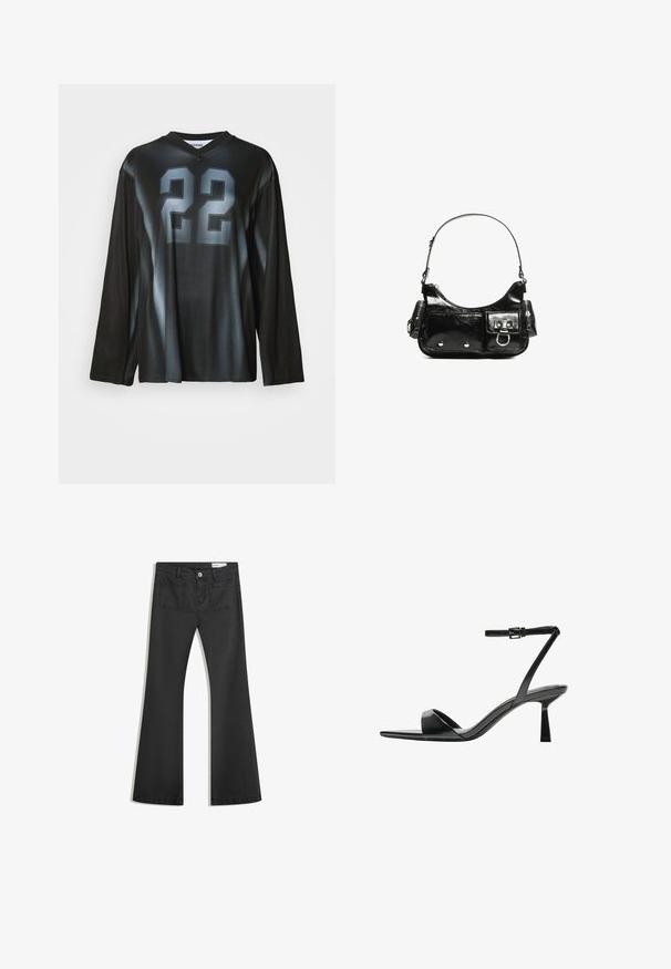 Black long-sleeve jersey with a v-neck, features large gray number "22" on the front, gradient shading, and smooth, stretchy fabric.; Black flared jeans made of denim with a smooth texture, featuring two back pockets and a button closure at the waist.; Bershka High heeled sandals - black; Black patent leather handbag with a curved shape, one shoulder strap, front pockets, and silver-tone hardware accents.