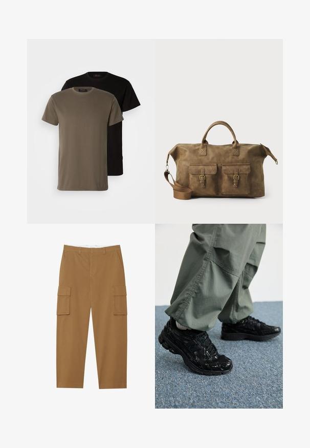Două tricouri cu mânecă scurtă, de culoare verde măslin închis și negru, având guri rotunde și o textură netedă din bumbac.; Pantaloni cargo maro cu două buzunare laterale, față plată și croială dreaptă. Fabricati dintr-un material durabil, cu o textură netedă.; Adidași negri sport cu texturi lucioase și din plasă, având o talpă groasă și șireturi, asortați cu pantaloni cargo largi de culoare verde măsliniu.; Geantă de voiaj din piele maro, cu două buzunare frontale, curea de umăr ajustabilă, accesorii aurii și mânere superioare rezistente. Textură netedă.
