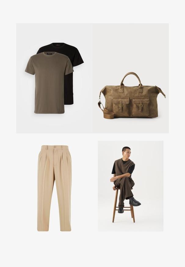 Du nesandėlių trumpomis rankovėmis tamsiai alyvuogių žalia ir juoda spalvų, su apvaliais iškirpimais ir glotnia medvilnės tekstūra.; Smėlio spalvos permatomos kelnės su tiesiomis kojomis, pagamintos iš lygaus audinio, su sagos uždarymu ir diržo kilpomis liemens srityje.; Ruda megzta liemenė ant juodos marškinėlių, derinama su rudomis plačiomis kelnėmis ir juodais masyvių batų. Sėdi ant medinio suolo.; Rudos odos kelioninis krepšys su dviem priekinių kišenių, reguliuojama petneša, auksinėmis detalėmis ir tvirtais viršiniais rankenomis. Lygus paviršius.