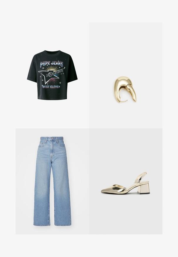Melnā īsā krekla blūze, izgatavota no kokvilnas, ar apaļu kakla izgriezumu. Iezīmēta ar krāsainu grafisko attēlu, kurā redzams uzraksts "PEPE JEANS LONDON" un saulespuķu dizaini.; Gaiši zili augstās jostas vidukļa platās bikses ar priekšējo pogu un rāvējslēdzēju, priekšējām un aizmugurējām kabatām uz baltā fona.; Zeltaini, metāla kurpes ar siksniņām, norakans purngalis un masīla papēdis. Gluda tekstūra, minimālisma dizains un šaura siksna.; Zeltīti metāla auskari ar gludu, izliekta dizaina. Ar atšķirīgu smailu formu, pulētu virsmu un eņģu aizdari.