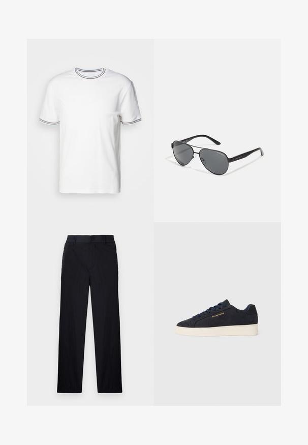 Pal Zileri - T-shirt basic; Czarne spodnie wykonane z lekkiego, teksturowanego materiału, o prostym kroju, z elastycznym paskiem i bocznymi kieszeniami na zamek.; Granatowe zamszowe sneakersy niskie z białą podeszwą, granatowymi sznurówkami i logo "Filling Pieces" w złotym kolorze na boku.; Czarne okulary przeciwsłoneczne w stylu aviator z ciemnymi soczewkami, cienką metalową ramą i smukłymi plastikowymi zausznikami z akcentami logo.