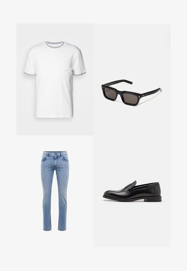 Pal Zileri Pamata T-krekls - white; Gai zila denima bikses ar šauru piegriezumu, piecām kabatām un taisnu kāju dizainu. Iekļautas rāvējslēdzēju aizdare un jostas cilpas. Mīksta tekstūra.; Melnas ādas kurpes ar gludu tekstūru, noapaļu purngalu un dekoratīvu siksniņu pāri priekšpusei. Zems sakrauts papēdis, minimālisma dizains.; Melnas taisnstūra formas saulesbrilles ar tumšiem stikliem, bieza plastmasas rāmja, zelta akcenti pie tempļiem un zīmola logo iegravēts roku daļā.