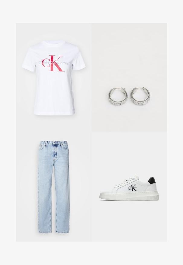 Hvid bomulds t-shirt med et stort rødt og gråt "CK" logo med teksten "Calvin Klein Jeans" under. Kortærmet og med rund halsudskæring.; Lyseblå brede jeans lavet af denim, med høj talje, falmet vask og subtil tie-dye mønster langs fronten.; Hvide lavtoppede sneakers med sort hælkænke, platformssål, snørebånd og Calvin Klein "CK" logo på siden.; Sølv hoop øreringe med et struktureret design, der har lodrette riller. Cirkelformede med en sikker lås. Glat finish.