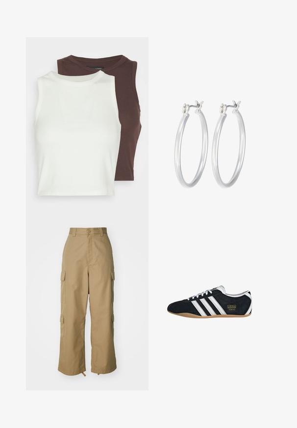 Due maglie a coste senza maniche, una bianca e una marrone scuro. Entrambe presentano un collo alto e un materiale morbido e elasticizzato, ideale per il layering.; Pantaloni cargo beige con vita alta, gamba ampia e quattro grandi tasche laterali. Realizzati in un tessuto resistente con una texture liscia e dettagli minimi.; Sneaker in pelle scamosciata nera con tre strisce bianche, logo dorato e suola in gomma marrone. Caratterizzato da un design a lacci a profilo basso.; Orecchini a cerchio in argento con una finitura liscia e lucida. Forma rotonda e chiusura a scatto sicura. Design leggero adatto per l'uso quotidiano.