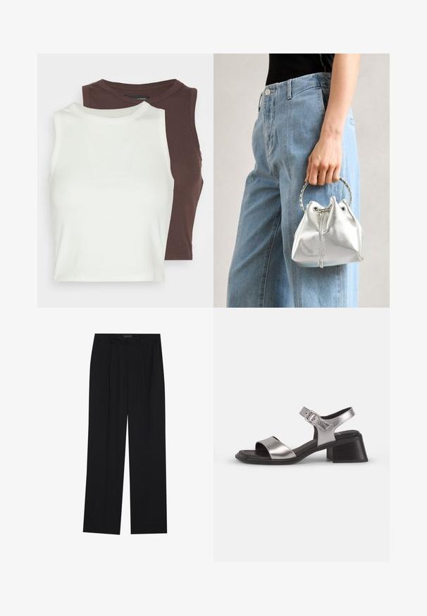 Dve rebrované bezrámové topy v bielej a tmavo hnedej farbe. Obe majú vysoký golier a mäkký, elastický materiál, ideálne na vrstvenie.; Čierne nohavice so strihom rovného nohu, s dvoma prednými vreckami a pásom. Vyrobené z hladkej, ľahkej textílie.; Strieborné kožené sandále s otvorenou špičkou, obsahujúce široký predný remienok, remienok okolo členka so sponou a stredne vysoký blokový opatok.; Metalická strieborná kabelka s textúrovaným povrchom, zdobená striebornou okrúhlou rukoväťou a uzáverom na šnúrku, držiaca sa pred svetlo modrými džínsami.