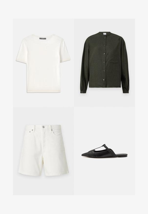 Valge lühikeste varrukatega soonikutega viimistletud ringkaelusega kampsun, millel on sile tekstuur.; Tumeroheline nööbiga särk mandariini kraega, pikkade varrukatega, rinnataskuga ja siledast, tekstureeritud kangast.; Valged teksashorts sirge lõikega, viie tasku disain, esine nööbiga kinnitamine, hõbedane riistvara ja õmmeldud detailid.; Must kuulsad nahast kandadega kingad, millel on terav nina, koos kootud detaili ja volditud ülaosaga. Lame tald minimaalse riistvaraga.