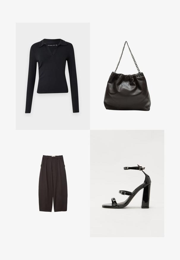 Schwarzes, langärmliges Oberteil mit V-Ausschnitt und Kragen-Design. Aus glattem Stoff gefertigt, körperbetont geschnitten und im minimalistischen Stil ohne Muster.; Schwarze weit geschnittene Hosen aus einem glatten Stoff, mit hoher Taille, Frontfalten und Seitentaschen. Schlichtes Design ohne Verzierungen.; Schwarze patentierte Sandalen mit Absatz, quadratischer Spitze, Knöchelriemen und silbernen Schnallen. Mit einem stabilen Blockabsatz für mehr Stabilität.; Braune Lederhandtasche mit gerafftem Oberteil und Kettenriemen. Glatte Textur mit glänzendem Finish und subtilen Nahtdetails an den Seiten.