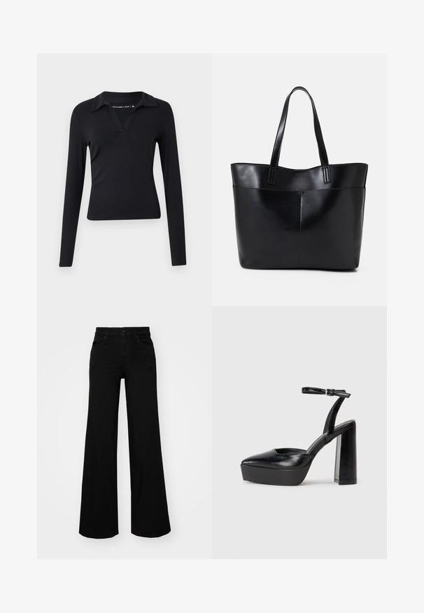 Black, long-sleeved top with a V-neck and collar design. Made of smooth fabric, fitted shape, and minimalistic style without patterns.; Black wide-leg pants made of denim, featuring a structured waistband, belt loops, and front pockets. Smooth texture with a classic design.; Black platform heels with a pointed toe and adjustable ankle strap. Constructed from smooth leather, featuring a chunky block heel.; Black leather tote bag with two long handles, a smooth texture, and a structured shape. Features a front pocket for additional storage.