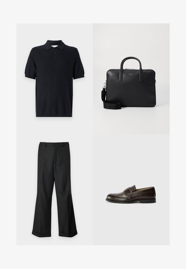 Μαύρο πόλο μπλουζάκι με υφασμάτινο ζιγκ-ζαγκ σχέδιο, κοντά μανίκια και κολάρο με δύο κουμπιά. Κατασκευασμένο από αναπνεύσιμο ύφασμα.; Μαύρο παντελόνι φαρδιάς γραμμής με κουμπωτή μέση και ανοιγμένα στρίφωμα, τοποθετημένο σε λευκό φόντο.; Calvin Klein Παπούτσια χωρίς κορδόνια - cocoa brown; Μαύρη δερμάτινη τσάντα εργασίας με υφή, διπλές λαβές, αποσπώμενος ιμάντας ώμου και μπροστινή λεπτομέρεια λογότυπου. Κλείσιμο με φερμουάρ.