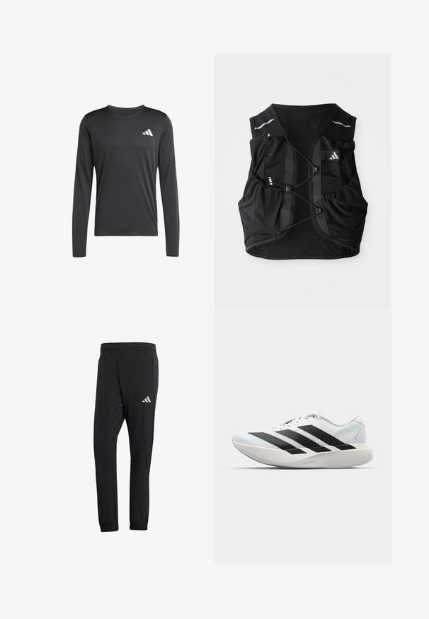 Maglietta sportiva nera a maniche lunghe realizzata in un tessuto morbido e leggero, con un piccolo logo bianco sulla parte superiore sinistra. Design semplice e aderente.; Pantaloni sportivi neri con una vestibilità affusolata, realizzati in tessuto morbido. Presentano tasche laterali e un logo riflettente sulla coscia sinistra.; Scarpe da corsa leggere di colore azzurro pallido con strisce nere. Presentano una tomaia liscia, punta rotonda e un'ampia intersuola bianca etichettata "LIGHTSTRIKE PRO."; Gilet da corsa in rete traspirante nera con cordini frontali regolabili, più tasche e un piccolo logo sulla parte superiore destra del petto.