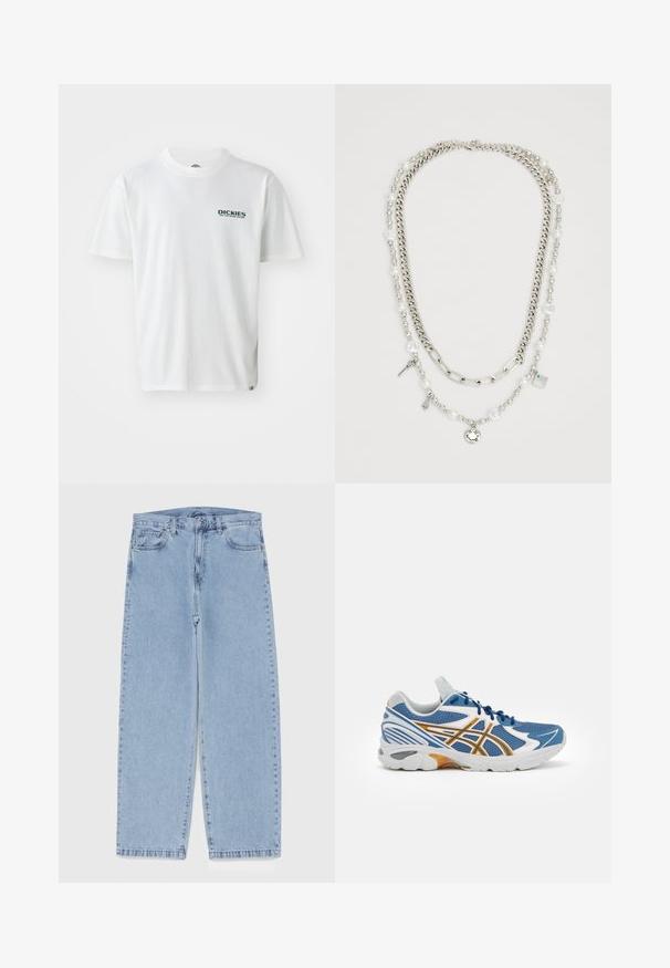 Biely bavlnený tričko s krátkymi rukávmi, s zeleným logom "DICKIES ON THE ROAD AGAIN" na ľavej hrudi. Štandardný dizajn s okrúhlym výstrihom.; Svetlomodré denimové džínsy s rovnými nohavicami, s polovysokým pásom, piatimi vreckami a zapínaním na gombík a zips.; Modrá športová obuv s sieťovaným zvrškom, bielymi a oranžovými akcentmi, polstrovanou medzipodošvou a štruktúrovanou gumovou podrážkou. S možnosťou šnurovania.; Viacvrstvový náhrdelník so striebornými reťazami a perlovými korálkami, ozdobený príveskami, vrátane kľúčov a štvorcového pendantu. Hladký povrch s lesklým finišom.