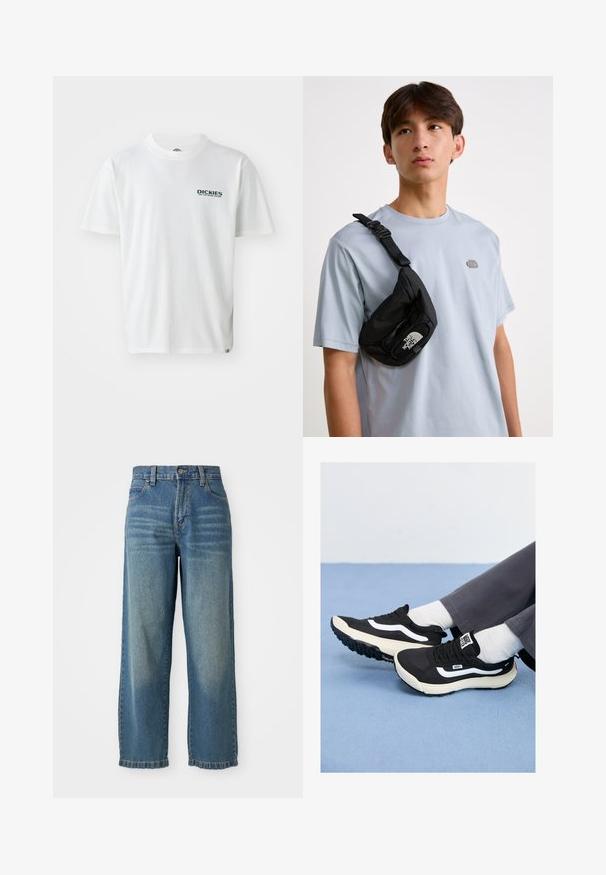 Bílý bavlněný tričko s krátkými rukávy, sází na zelený logo "DICKIES ON THE ROAD AGAIN" na levé části hrudi. Standardní design s kulatým výstřihem.; Světle modré denimové kalhoty s širokými nohavicemi a vysokým pasem, pět kapsami a mírně vybledlým povrchem. Obsahují zapínání na knoflík a zip.; Černé tenisky s bílými akcenty, síťovinou a gumovými materiály, s texturovanou podrážkou a poutkem na patě. Nosí se s bílými ponožkami a šedými kalhotami.; Černá nylonová crossbody taška s nastavitelným popruhem, vybavená výrazným bílým logem. Nošena přes světle modré tričko. Jednoduchý, funkční design.