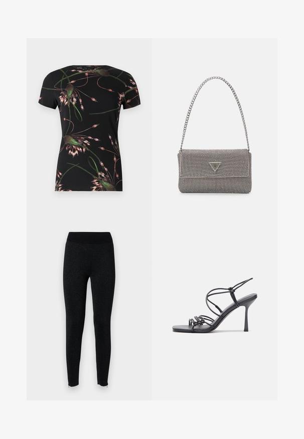 Juoda trumpomis rankovėmis marškinėliai su rožių ir žalių gėlių raštu. Pagaminti iš minkštos medžiagos, turi apvalią iškirptę ir pritaikytą dizainą.; Juodos leggingų kelnės su banguotu juosmeniu, pagamintos iš tekstūruotos medžiagos su subtiliu metaliniu blizgesiu, turinčios užtrauktukus ant kulkšnių.; Juodos aukštakulnės sandalai pasižymi plonyčiais dirželiais su mazgo dizainu, lygiu kvadratiniu pirštu ir elegantišku stiletto kulnu.; Šviesiai pilka metalinė rankinė su grandinėlės dirželiu, papuošta mažais apvaliais metaliniais smeigėmis ir trikampiu prekės ženklu.; Sidabrinės auskarai žiedai su lygiu, blizgiu paviršiumi. Suapvalinta forma, lengvas dizainas, su uždarymu ant smeigtuko.