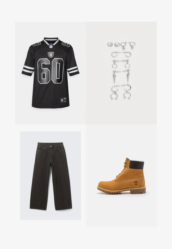 Camisa negra da NFL com detalhes em prata, apresentando o logo dos Raiders, número 60, e mangas curtas com riscas brancas. O material parece respirável.; As calças de ganga pretas de perna larga apresentam uma cintura alta, um design de cinco bolsos e um fecho de botões. O tecido tem um acabamento texturizado e suave.; Bota de tornozelo em couro castanho com ilhós de metal, forro de pelúcia branca, colarinho acolchoado preto, sola robusta e logótipos em relevo de um lado.; Conjunto de brincos de prata com diversos designs: argolas, studs e modelos pendentes, com acentos de bola e elementos pontiagudos.