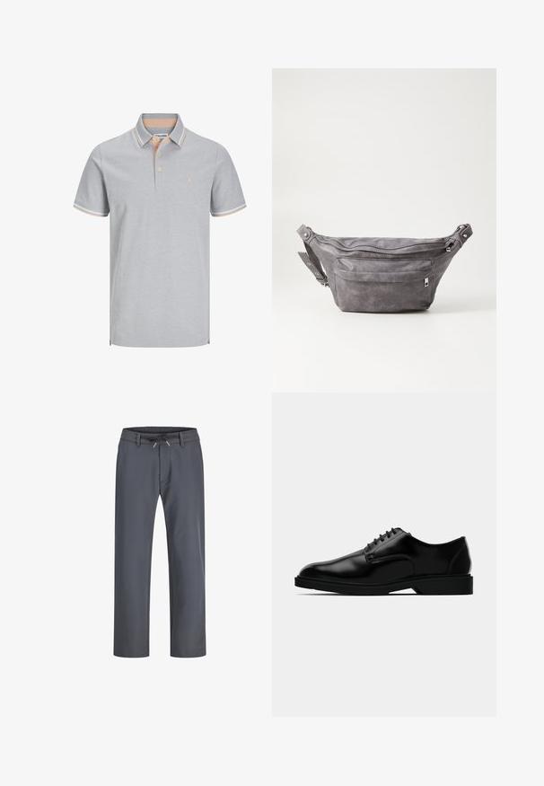 Hellgraues Poloshirt mit Kragen, Knopfleiste mit zwei Knöpfen und kontrastierenden Pfirsichstreifen am Kragen und an den Ärmeln. Schlichte Logo-Akzent.; Grau, elastische Bundhose mit Kordelzug. Gerades Bein Design, aus glattem Stoff gefertigt, mit minimaler Naht und ohne sichtbare Hardware.; Schwarze Lederdressschuhe mit glatter Oberfläche, rundem Zehenbereich, schnürbarem Design und unauffälliger Gummisohle für besseren Halt.; Graue Wildleder-Gürteltasche mit runder Form, zwei mit Reißverschluss verschlossenen Fächern und verstellbarem Trageriemen. Mit metallischen Hardware-Akzenten.