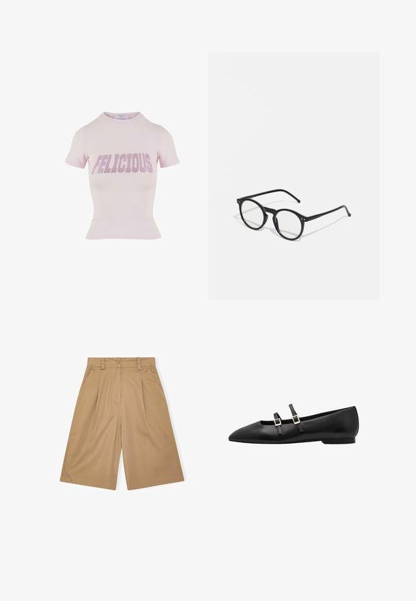 Camiseta de color rosa de manga corta con una silueta ajustada y bajo de canalé. Presenta "FELICIOUS" en brillantes de gran tamaño en la parte frontal.; Pantalones cortos de algodón beige con un corte relajado, que presentan pliegues, cierre de botón y bolsillos laterales. Textura suave y diseño hasta la rodilla.; Zapato plano de piel negra con punta afilada, que presenta dos correas negras y hebillas cuadradas doradas. Textura suave y suela de perfil bajo.; Gafas de sol redondas y negras con lentes transparentes, brazos delgados en negro y pequeños acentos metálicos en la parte frontal. Diseño clásico con estilo minimalista.