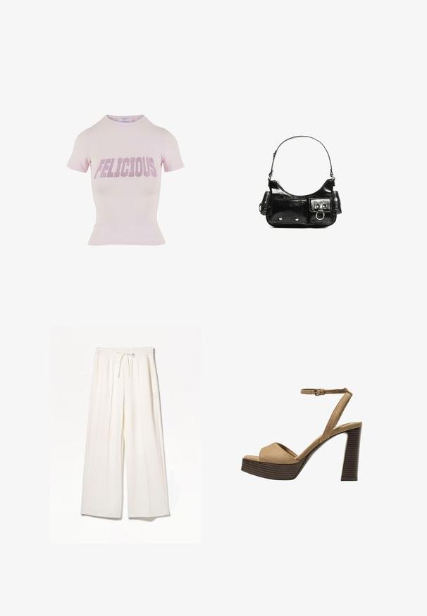 Rosa kurzärmliges T-Shirt mit taillierter Silhouette und geripptem Saum. Auf der Vorderseite ist "FELICIOUS" in fetten Rhinestones aufgedruckt.; Weiße weite Hosen aus leichtem Stoff, mit elastischem Bund, Kordelzug und seitlichen Taschen, ohne sichtbare Muster.; Beige Wildleder-Pumps mit hohem Absatz, breitem Vorderband und Knöchelriemen, ausgestattet mit einem klobigen Holzblockabsatz mit strukturiertem Finish.; Schwarze Lackleder-Handtasche mit geschwungenem Design, einem Schulterriemen, Vordertaschen und silberfarbenen Hardware-Akzenten.