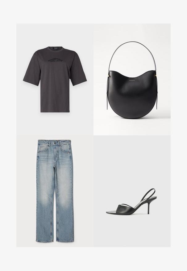 Pilkos medvilnės marškinėliai su apvaliu kaklu, trumpomis rankovėmis ir juodu logotipu spausdintu ant krūtinės. Reguliari figura ir glotni tekstūra.; Šviesiai mėlyni džinsai su tiesiu kirpimu, aukšta juosmens linija, penkių kišenių dizainas ir švelnus blukimas šlaunų ir kelių srityse.; Juodos odinės slingback aukštakulnės bateliai su smailiu priekiniu galu, plona kulkšnies juostele ir stiletto kulnu. Papuošti mazginio detalė vampyro dalyje.; Juodas odinis peties krepšys su kreiviu kontūru, plona rankena ir subtiliais auksiniais akcentais. Lygaus paviršiaus su minimalistiniu dizainu.