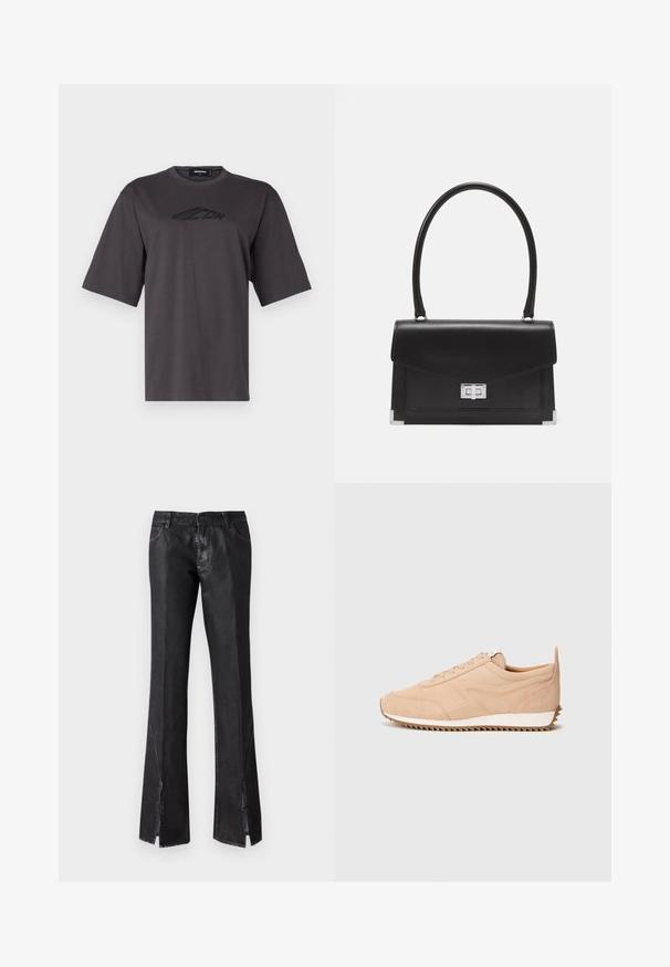 Siva pamučna majica s okruglim izrezom, kratkim rukavima i crnim logotipom otisnutim na prsima. Regular fit i glatka tekstura.; Crne flared hlače s sjajnom završnom obradom, opremljene s dva prednja džepa i prorezima blizu rubova, izrađene od izdržljive tkanine.; Suede tenisice u svijetloj bež boji s teksturiranim završetkom, s bijelim đonom i cik-cak profilom. Model sa vezanjem bez vidljivog brendiranja.; Crna kožna torba s strukturiranim dizajnom, gornjom drškom i srebrnim kopčanjem. Ima naglaske na kutovima i glatku teksturu.