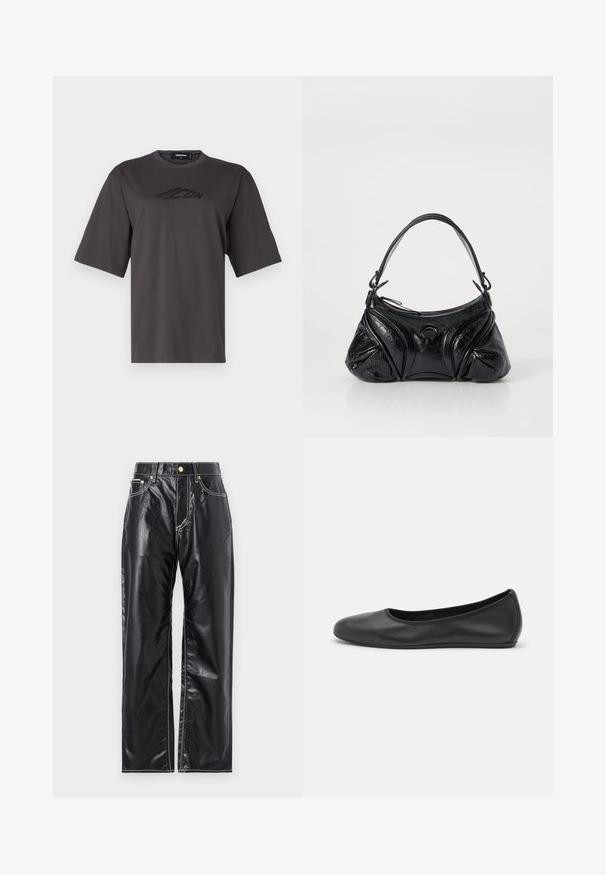 Gray cotton t-shirt with a round neck, short sleeves, and a black logo printed on the chest. Regular fit and smooth texture.; Black faux leather pants with a wide-leg cut, featuring white stitching, front pockets, and a gold button at the waistband.; Black leather ballet flat with a rounded toe, smooth texture, minimal stitching detail, and a flexible sole design.; Black handbag made of textured leather with a rounded shape. Features a thin shoulder strap and decorative embossed patterns.