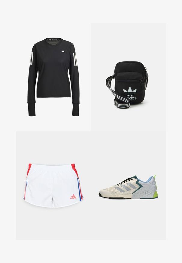 Schwarzes, langärmliges Sportshirt mit Rundhalsausschnitt, aus leichtem Material gefertigt. Verfügt über drei weiße Streifen an jedem Ärmel und ein Logo.; Weiße Sportshorts mit roten Seitenpaneelen und blauen Streifen. Elastischer Bund und Logo auf der unteren linken Seite. Glatte Stoffoberfläche.; Leichte Sportschuhe mit einem cremefarbenen Mesh-Obermaterial, grauen Streifen, einer grünen Akzentfarbe und einer strukturierten blauen Fersenkappe. Schwarze Schnürsenkel.; Schwarze Umhängetasche aus Stoff mit Reißverschluss, ausgestattet mit einem weißen Adidas-Logo und einem gestreiften, verstellbaren Tragegurt für einfachen Transport.