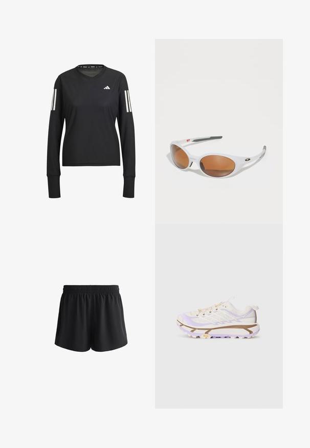 Maglietta sportiva nera a maniche lunghe con scollatura rotonda, realizzata in tessuto leggero. Presenta tre strisce bianche su ciascun manica e un logo.; Pantaloni corti sportivi neri con cintura elastica, tessuto morbido e vestibilità comoda, dotati di tasche laterali e bordi lisci.; Scarpe da corsa leggere con una tomaia in rete color crema e lavanda, suola in gomma rinforzata e scanalature distintive per una migliore trazione.; Occhiali da sole bianchi con lenti marroni, forma ovale, realizzati in plastica liscia, con dettagli grigi sulle aste e un logo sulla montatura.; Klättermusen HRID ACCESSORY BAG 3L UNISEX - Borsa a tracolla - clay