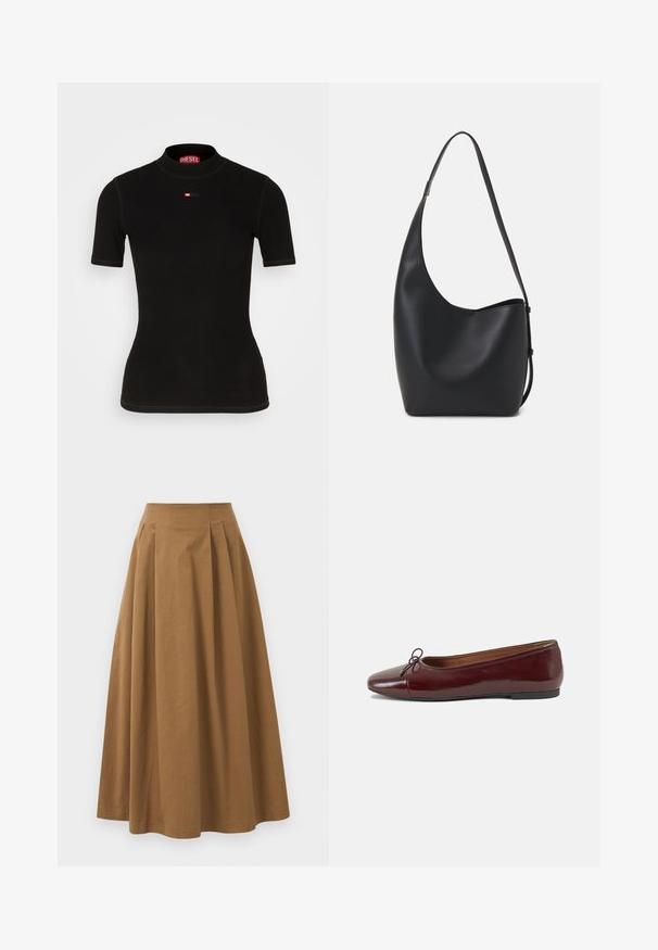 Schwarzes Kurzarmoberteil aus geripptem Stoff, mit einem hohen Kragen und einem kleinen roten Diesel-Logo auf der Brust. Glatte Textur und figurbetonte Form.; Brauner Baumwoll-A-Linien-Rock mit hoher Taille, der vorne Falten aufweist und eine glatte Textur hat. Der Saum ist sauber und einfach verarbeitet.; Burgunderfarbenes, lackiertes Ballettschuh mit abgerundetem Zehenbereich, kleiner Schleifenakzent vorne und einer niedrigen, schwarzen Gummisohle. Glatte Textur.; Schwarze Leder-Hobo-Tasche mit einer glatten Textur, geschwungener Form und einem einzelnen verstellbaren Tragegurt; verfügt über eine weite Öffnung am oberen Ende.