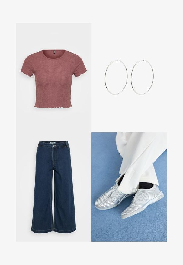 Lühikeste varrukatega lühike topp ribikangasest, ümmarguse kaeluse ja volangidega varrukaääredega, tuhm burgundia värv.; Laialt jalas denim püksid tumesinises värvitoonis. Omavad nupuga sulgemist, viit taskut, heledat õmblust ja siledat tekstuuri.; Hõbedased spordijalatsid, millel on sile ja läikiv pind, eristuvad õmmeldud mustriga ning külje peal on number 90, millele on lisatud valged püksid.; Hõbedased rõngaskõrvarõngad, millel on sujuv, ümmargune disain ja poleeritud viimistlus. Need on õhukesed ja kerged, omades lihtsat klambrit.