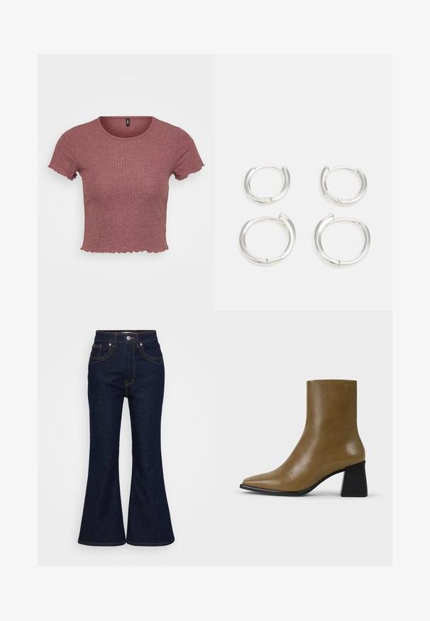 Lühikeste varrukatega lühike topp ribikangasest, ümmarguse kaeluse ja volangidega varrukaääredega, tuhm burgundia värv.; Tumedatest sinistest kõrge vöökohaga teksad koos laienevate jalgadega, eesnupu ja tõmbluku sulgemine ning kontrastne oranž peitel.; Pruun nahast pahkluu saapad terava näpuga, sileda disaini ja tekstureeritud viimistlusega. Omab kontrastselt musta plokk-kanna.; Hõbedased hõbesõrmed, millel on sile, poleeritud viimistlus. Kaks paari, millel on veidi erinev suurus. Lihtne, ringikujuline disain, kerge.