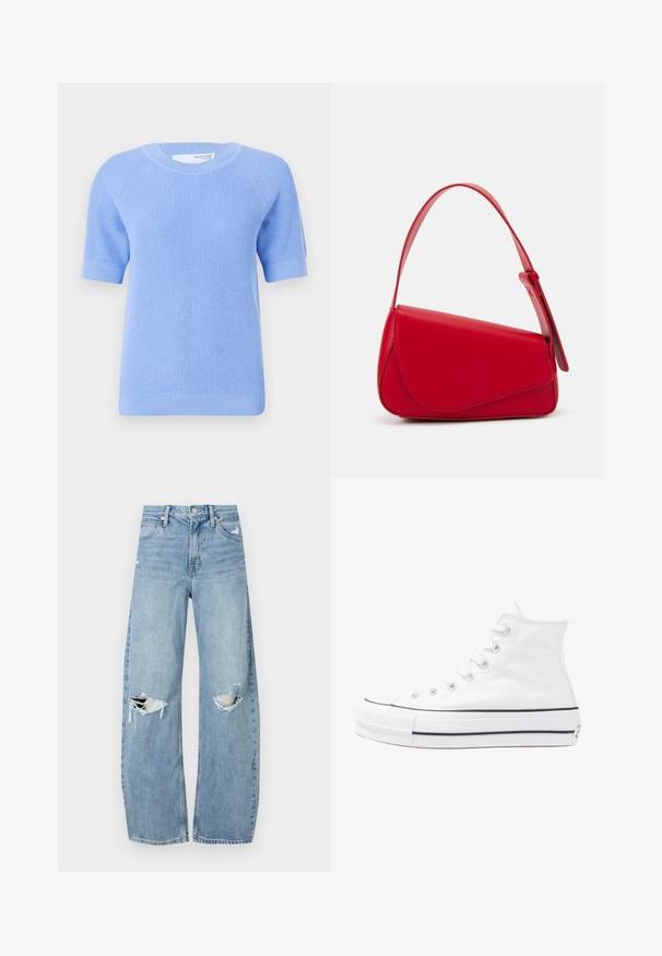 Svetlo modri pleteni pulover s kratkimi rokavi in ribastim vzorcem, krojača ovratnika in zaključnim robom. Ima raglan rokave za sproščen kroj.; Svijetloplave traperice visoki struk. Imaju široke nogavice, dva poderana područja na koljenima i klasičan petotoksi stil.; Beli visoki platneni športni čevelj z črnim gumijastim podplatom, sprednjim gumijastim zaščitnikom za prste in šestimi luknjicami za vezalke, ki se ponaša s preprostim, minimalističnim dizajnom.; Rdeča usnjena torba z angularnim, geometrijskim dizajnom. Ima en samostoječ nastavljiv ročaj in pokrov, zaprt z zapiranjem, ki je okrašen s šivi.