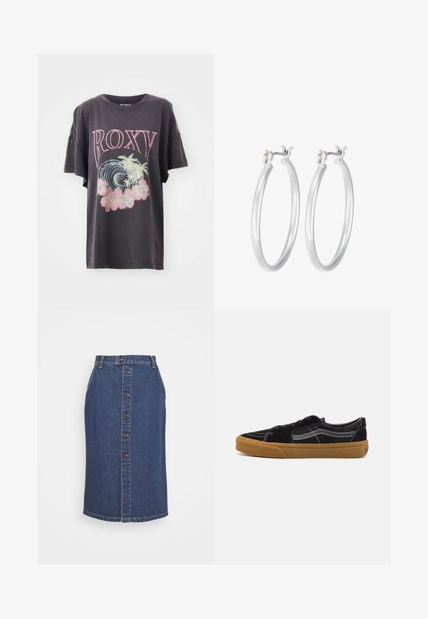 Ciemnoszary t-shirt z krótkim rękawem z kolorową grafiką zawierającą napis "ROXY", fale, palmy i różowe kwiaty. Luźny krój z okrągłym dekoltem.; Dżinsowa spódnica ołówkowa w ciemnoniebieskim kolorze, z zapięciem na guziki z przodu, pionowymi przeszyciami oraz klasycznym wykończeniem dołu.; Czarne zamszowe sneakersy z białym przeszyciem i charakterystycznym bocznym paskiem, charakteryzujące się brązową gumową podeszwą i niskim fasonem. Sznurowane czarnymi sznurowadłami.; Srebrne kolczyki w formie kółek o gładkim, polerowanym wykończeniu. O okrągłym kształcie i pewnym zapięciu na klik. Lekka konstrukcja odpowiednia do codziennego noszenia.