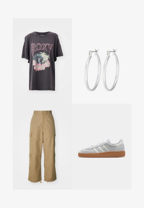 Tamsiai pilkas trumpomis rankovėmis marškinėliai su spalvingu piešiniu, kuriame užrašyta "ROXY", bangos, palmės ir rožinės gėlės. Atsitiktinis siluetas su apvaliu iškirpimu.; Šviesiai rudos spalvos cargo kelnės su aukštu liemeniu, plačiomis kojomis ir keturiomis didelėmis šoninėmis kišenėmis. Pagamintos iš patvarios medžiagos su lygiu paviršiumi ir minimaliais detalėmis.; Šviesiai pilki zomšiniai sportbačiai su baltais odiniais akcentais, trimis baltomis juostelėmis ir rudą guminę pada, turintys paminkštintą apykaklę patogumui.; Sidabriniai auskarai su sklandžiu, poliruotu paviršiumi. Apvalios formos ir saugus uždarymo mechanizmas. Lengvas dizainas, tinkantis kasdieniam dėvėjimui.